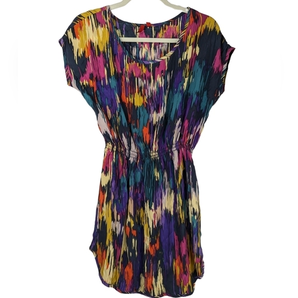 Women's SILK Cap Sleeve Multicolor Abstract Party Blouson Mini Dress Size M - Picture 2 of 15
